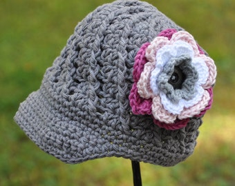 Baby Hat with Flower, Newsboy Visor Hat,  Cotton