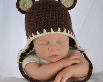 Teddy Bear Hat with Earflaps in size 0 to 6 months