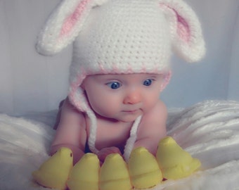 Cotton Baby Bunny Rabbit earflap Hat  in size 0 to 6 month or 6 to 12 months