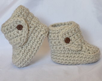 Baby Booties,  Crochet Boots with Button Top size 0 to 6 months in a linen Color with Brown Buttons