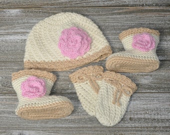 Baby Hat Mittens and Booties, Cotton Baby Hat with matching Mittens and Booties