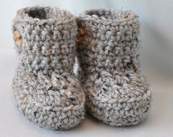 Baby Booties, Crochet Baby  Boots with button top is shown in gray tweed, size 0 to 6 Months