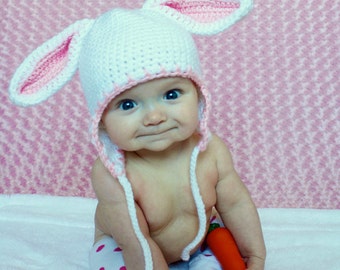 Cotton Baby Bunny Rabbit earflap Hat  6-12 months Special order