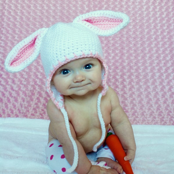 Bunny Hat  Baby Rabbit earflap Hat  in size 6 to 12 months, sizes New Born to Adult