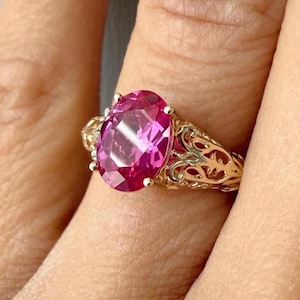 Pink Sapphire Gold Filigree Ring: Vintage Style, 3ct Solitaire Gem
