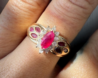 Vintage 14K Ruby Marquise Ring with Diamond Halo | 1970s Estate Jewelry
