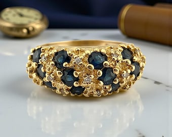 14K Gold Sapphire Diamond Dome Ring | 1980s Statement Band Cluster