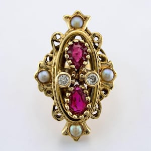 Estate 14K gold Victorian ring with rubies, diamonds, and pearls