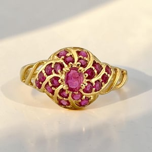 Vintage 14K Gold Natural Ruby Cluster Ring, 1 Ct Rubies
