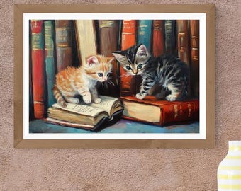 Curious Kittens in a Library Digital Art Print – Vintage-Style Cat Wall Decor