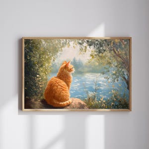 Golden Hour Watcher – Cozy Cat by the Lake Print | Autumn Nature Wall Art | Peaceful Digital Painting