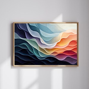 May include: Abstract art print featuring a colorful, layered design of wavy lines in shades of blue, green, yellow, orange, red, and purple. The print has a modern and minimalist aesthetic.