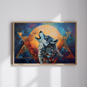May include: A framed artwork depicts a howling wolf against a backdrop of a full moon and geometric shapes. The wolf is rendered in shades of blue and white, with a detailed, textured appearance. The background features a gradient of orange, blue, and purple hues.