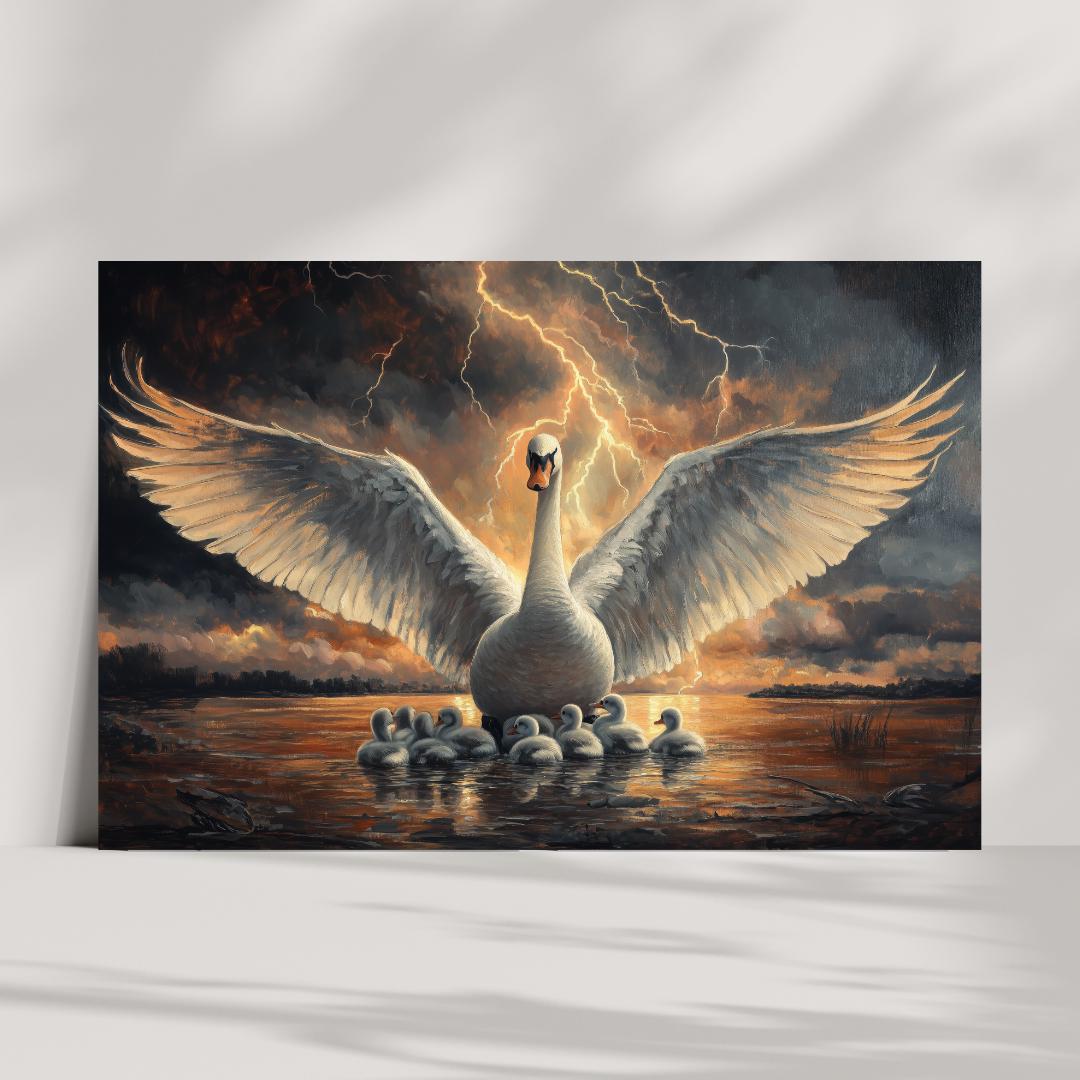 The Guardian – Fierce Swan Protecting Her Young in the Storm