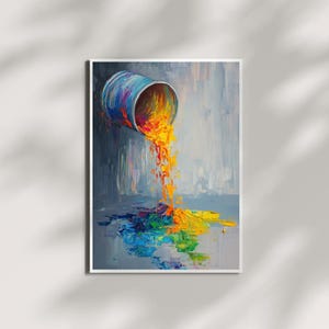 May include: A painting of a blue can pouring out a stream of orange, yellow, and red paint onto a gray surface. The paint is creating a colorful puddle.