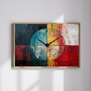 May include: Abstract wall clock with a wooden frame. The clock face is divided into four sections of teal, yellow, red, and white. Black clock hands point to the time. The background has a textured, painted appearance.