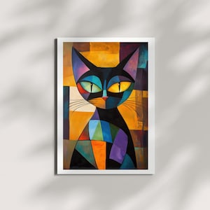 Cool Cat Vibes – Abstract Black Cat Painting | Bold Geometric Art | Funky Feline Wall Decor for Cat Lovers