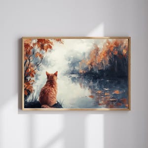 Autumn Whiskers – Cozy Cat Nature Print | Serene Fall Landscape Wall Art