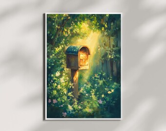Boîte aux lettres magique – Art imprimable de la boîte aux lettres de la forêt rougeoyante | Décoration murale nature fantaisiste | Peinture numérique Cottagecore