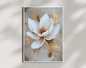 Art abstrait magnolia blanc : décoration texturée, accent doré (téléchargement numérique)