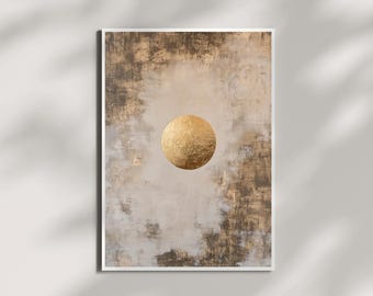 Puede incluir: Impresión de arte abstracto con un círculo dorado sobre un fondo beige y marrón texturizado.