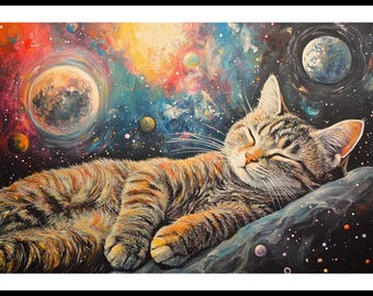 夢見る宇宙猫のデジタルプリント - 気まぐれな宇宙アート - 天空の猫の