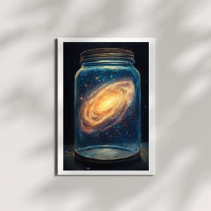 Galaxie im Glas – Surreale kosmische Wand Kunst Druck | Wunderliches Universum in der Flasche