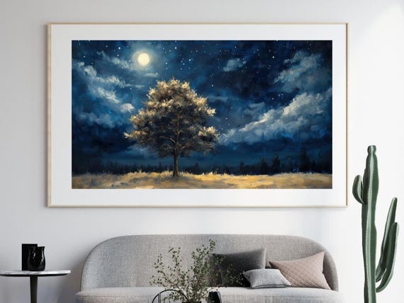 真夜中の木の油絵 – 月明かりの下の一本の木 – 夢のような星空の夜の壁