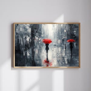 Silent Steps – Red Umbrella City Walk | Moody Rainy Street Painting | Digital Download
