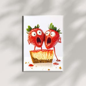 Funny Strawberry Cheesecake – Whimsical Dessert Print | Quirky Food Wall Decor | Digital Art