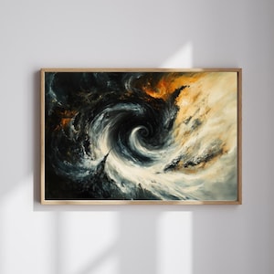 May include: Abstract painting of a swirling vortex of dark blue, black, and white clouds against a background of orange and yellow clouds.