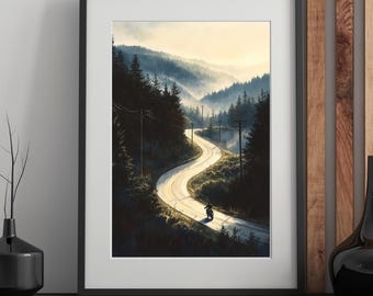 Lone Motorcyclist on Mountain Road – Moody Landscape Digital Print – Adventure Wall Art for Travel Lovers
