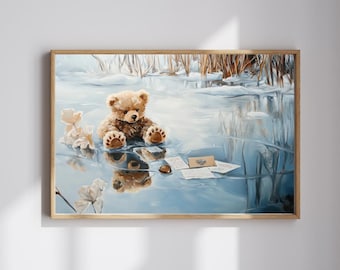 Frozen Memories – Emotional Winter Teddy Bear Painting | Frozen Lake Memory Wall Art | Digital Print for Nursery or Healing Decor