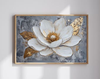 Art mural floral magnolia : peinture élégante rehaussée d'or (téléchargement numérique)