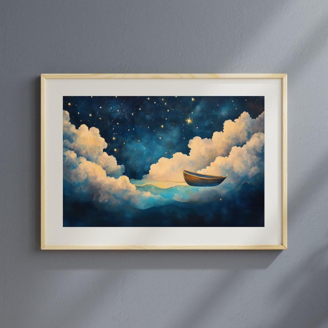 Night Voyage – Dreamy Surreal Boat Painting Under a Starry Sky ...