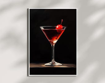 Crimson Sip – Manhattan Cocktail Stillleben mit Kirsche | Digitaler Download