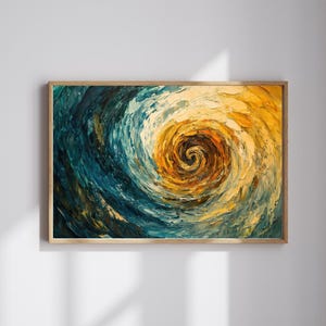 Golden Spiral – Abstract Energy Vortex Painting in Turquoise and Ochre | Swirling Motion Wall Art | Zen-Inspired Home Decor