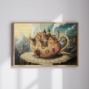 May include: A whimsical painting depicting a teapot shaped like a house, complete with windows and chimneys. The teapot is surrounded by clouds and a landscape featuring hills and trees. The painting is executed in a realistic style with warm colours.