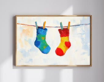 Hanging Together – Whimsical Colorful Socks Painting | Playful Wall Art | Digital Download
