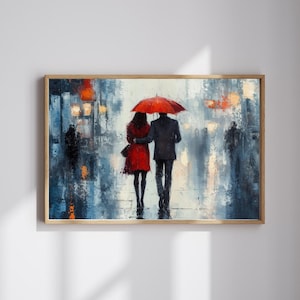 Shared Shelter – Romantic Couple Under Umbrella | Impressionist City Rain Wall Art | Digital Download
