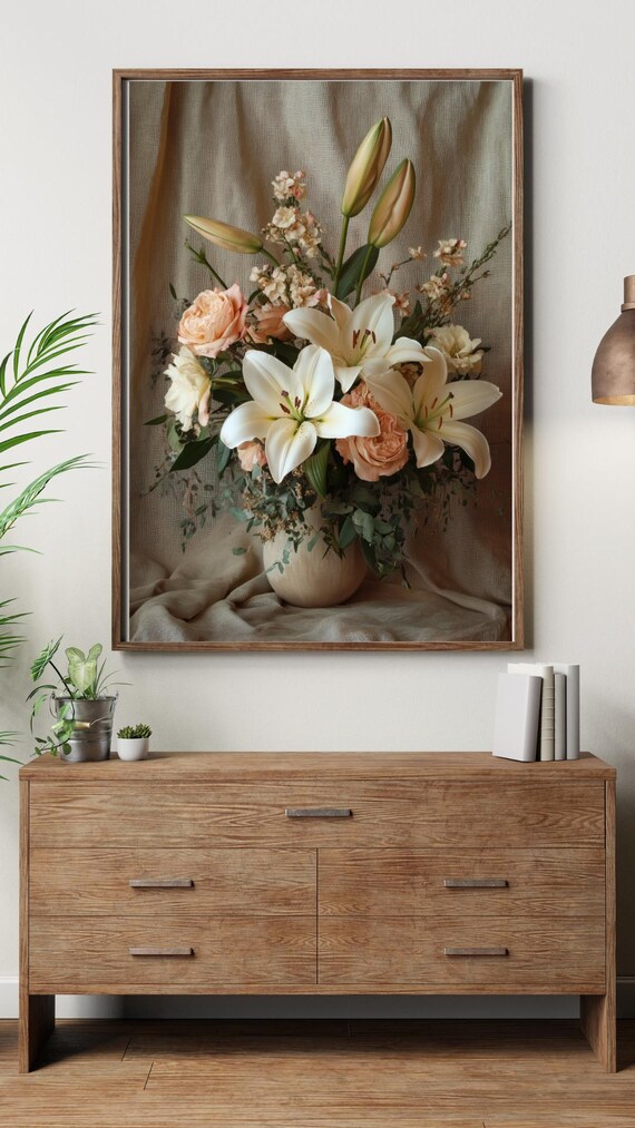 Ethereal Vase – Soft Floral Still Life of White Lilies & Peach