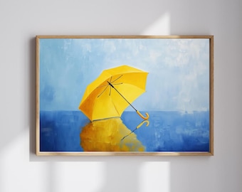 Dopo la pioggia – Dipinto di un ombrello giallo audace / Arte murale minimalista con riflessi di pioggia / Download digitale