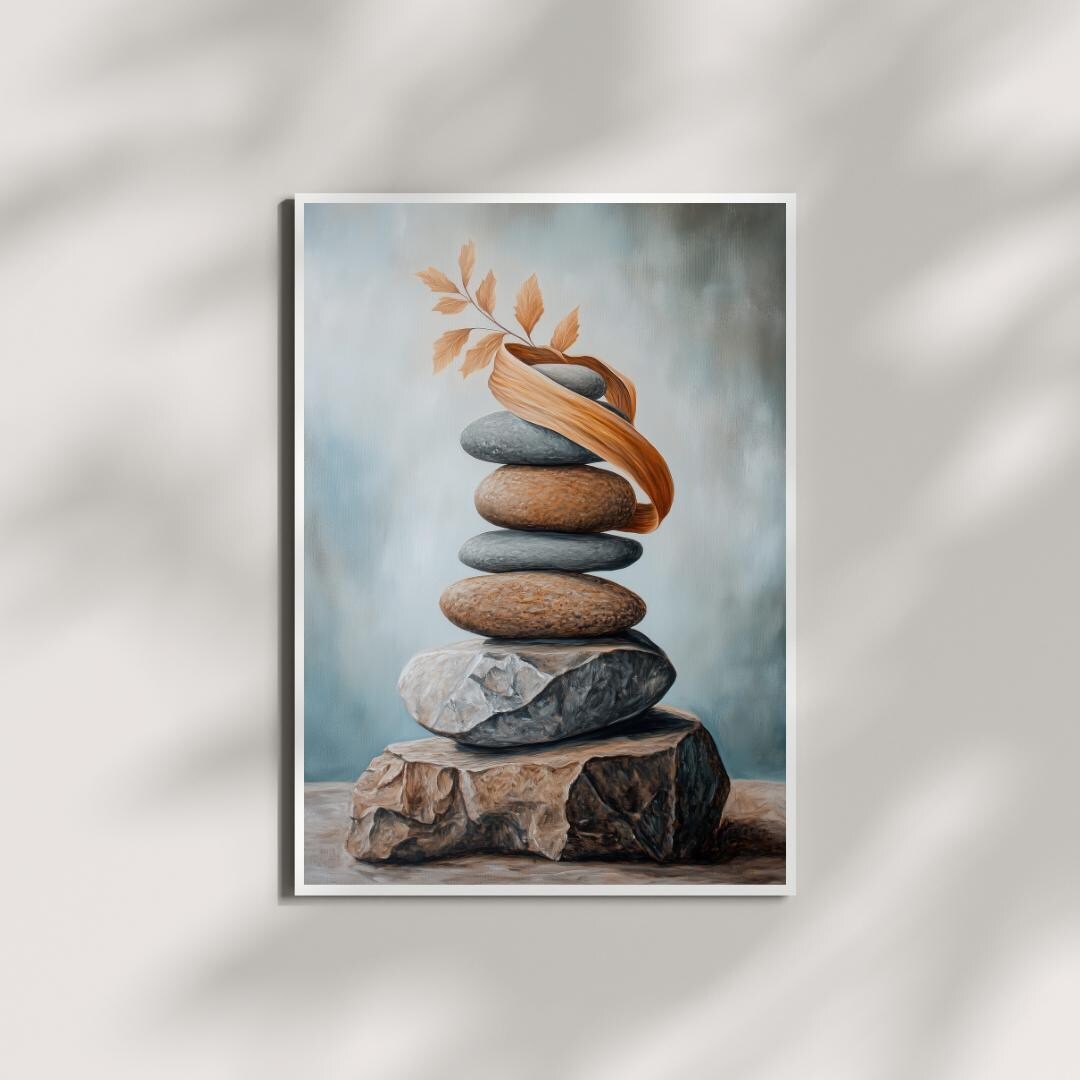 Quiet Balance – Zen Stone Stack With Golden Leaf Ribbon | Earthy ...