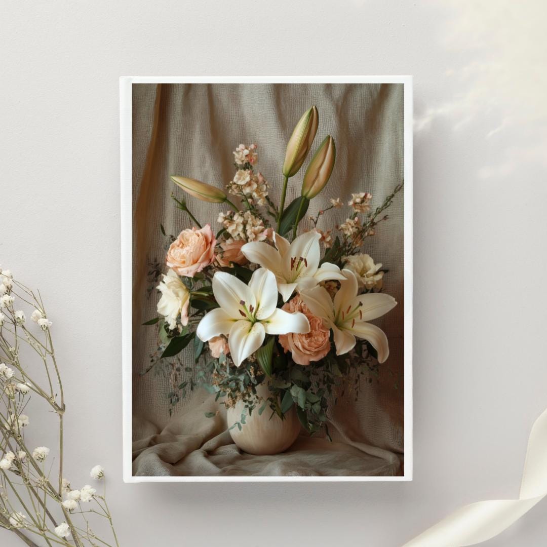 Ethereal Vase – Soft Floral Still Life of White Lilies & Peach