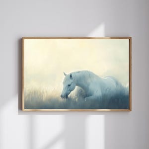 Quiet Grace – Dreamy White Horse in Field | Tranquil Minimalist Animal Wall Art | Digital Download