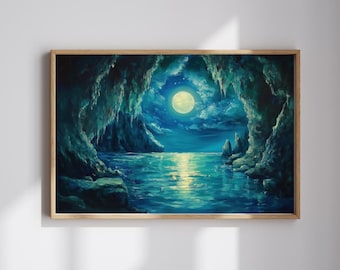 月明かりの通路 – 神秘的な洞窟と海のプリント | 夢のような満月の壁アート