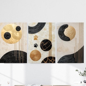 Modern Abstract Digital Print Set - Gold & Black Textured Wall Art - Minimalist Geometric Design (Set of 3)