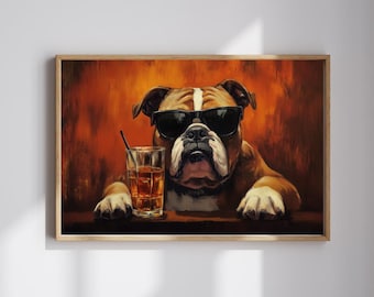 May include: A framed art print featuring a brown and white bulldog wearing black sunglasses. The dog is resting its paws on a surface, with a glass of amber liquid and a straw in front of it. The background is a warm, orange and brown gradient.
