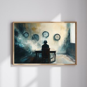 May include: A painting of a person sitting at a table in a room with four clocks on the wall. The room is painted in shades of blue and yellow, and the person is silhouetted against the wall. The clocks are all different shapes and sizes, and they are all showing different times.