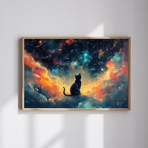 Stargazer – Dreamy Celestial Cat Painting | Whimsical Galaxy Oil Art on Canvas | Digital Download
